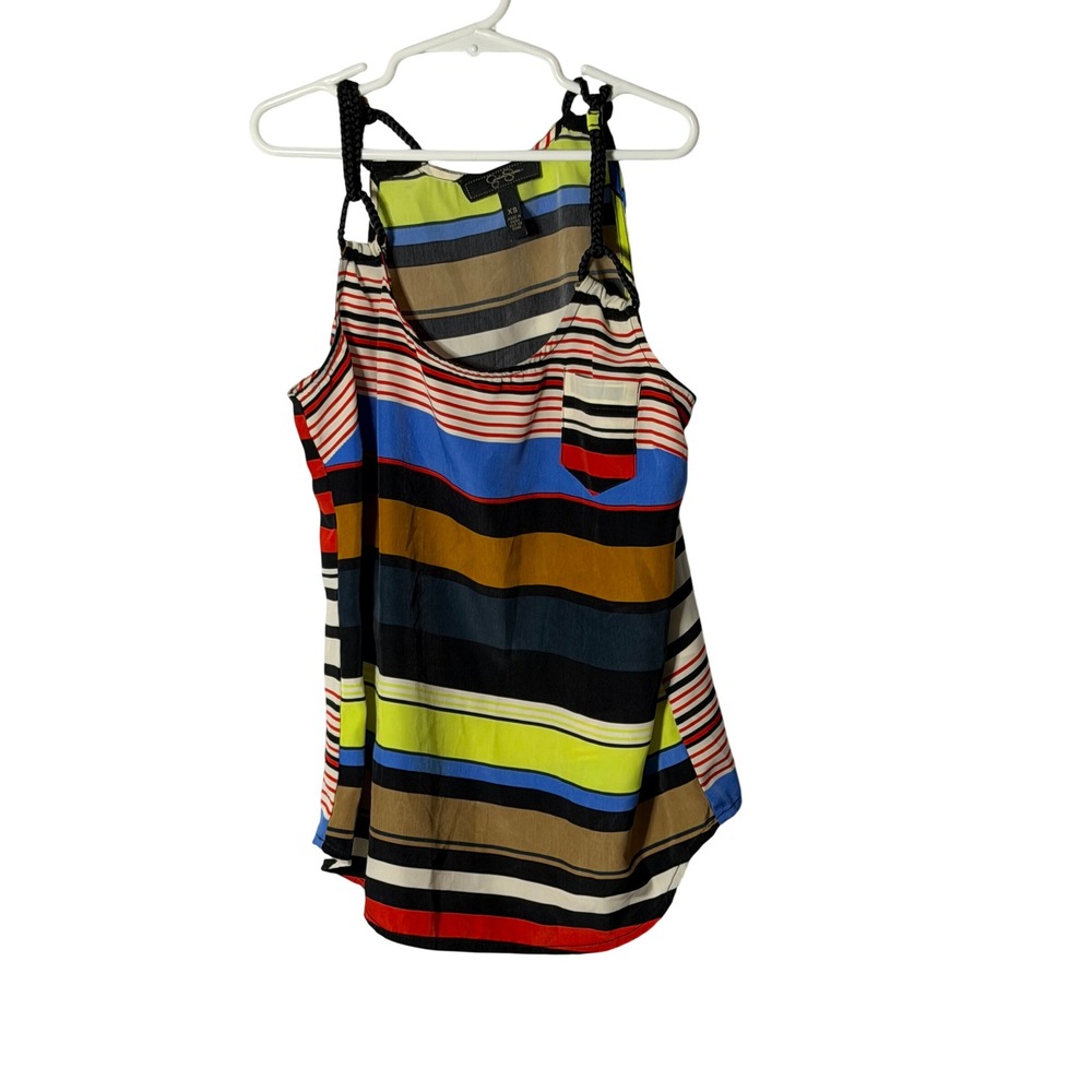 Jessica Simpson Multi Color Striped Tank Top Braided Rope Straps Pocket Blouse